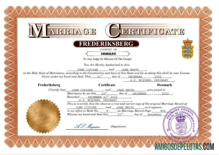 Imprimível modelo Word e PDF de certidão de casamento na Dinamarca